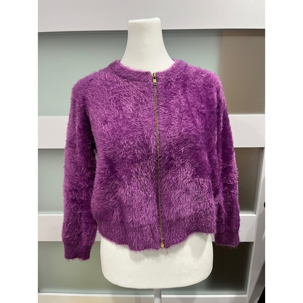 Jenabelle Purple Fuzzy Eyelash Knit‎ Zip Up Cardigan Sweater Womens Size Medium